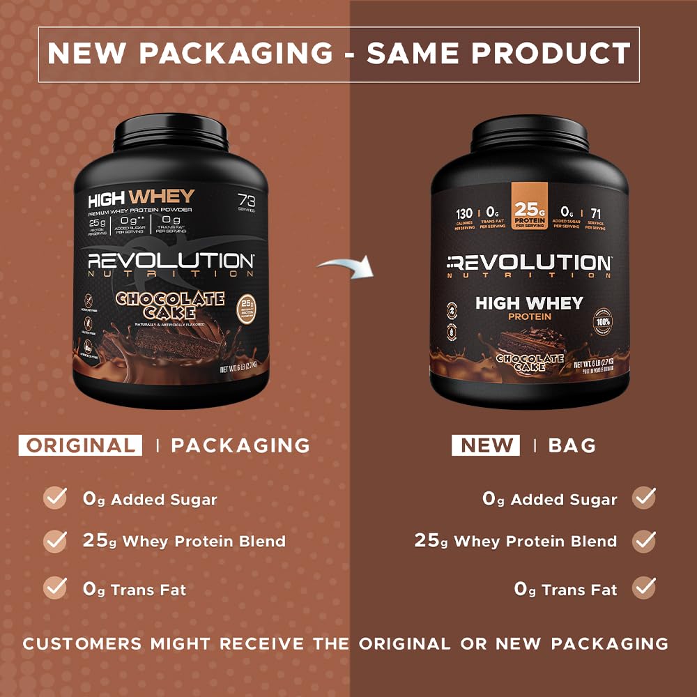 Revolution Nutrition, High Whey, Protein Powder 6LB, Whey Isolate, Gluten Free, Lean Muscle Mass for Men & Women, 25g of Protein Per Scoop, 2.7kg, 73 Servings (Chocolate Cake, 6 Pound)
