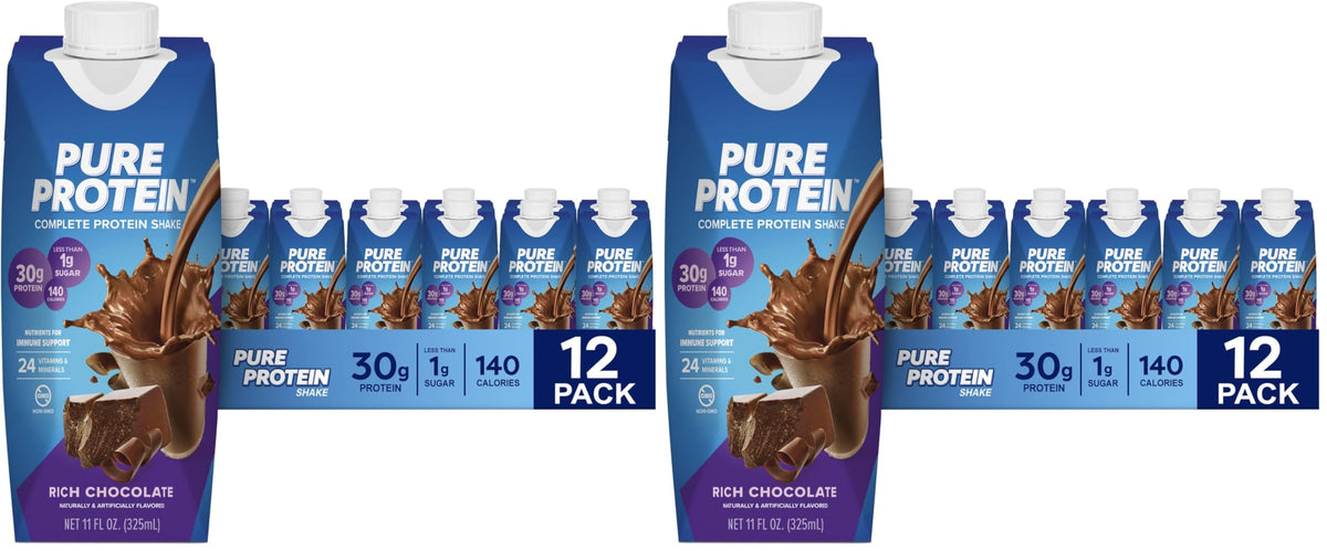 Pure Protein Chocolate Protein Shake, 30g Complete Protein, Ready to Drink and Keto-Friendly, Vitamins A, C, D, and E plus Zinc to Support Immune Health, 11oz Bottles, 12 Pack