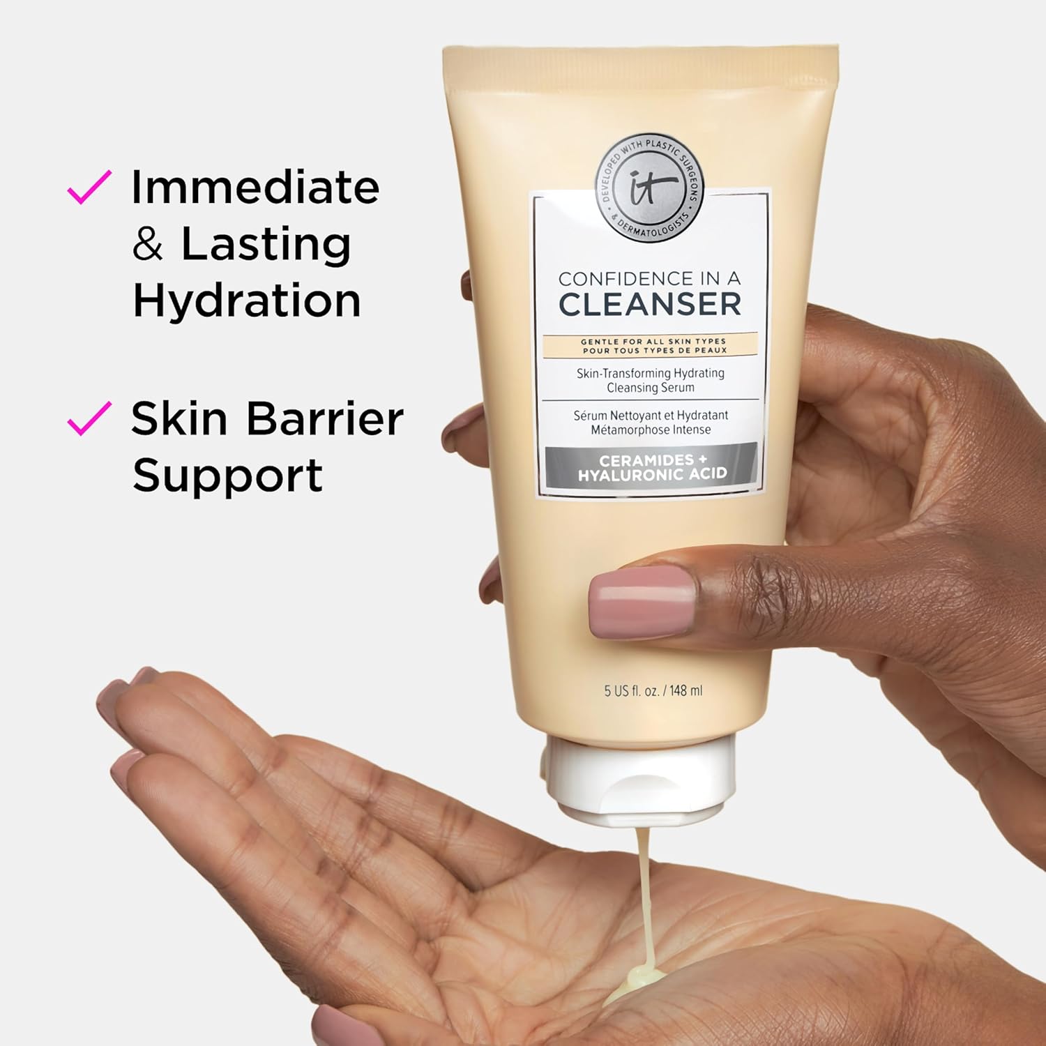 IT Cosmetics Confidence in a Cleanser - Hydrating Face Wash, Serum to Foam, Hyaluronic Acid & Ceramides, Gentle Makeup Remover, Skin Barrier Support, Non-Stripping, Sulfate-Free, For All Skin Types