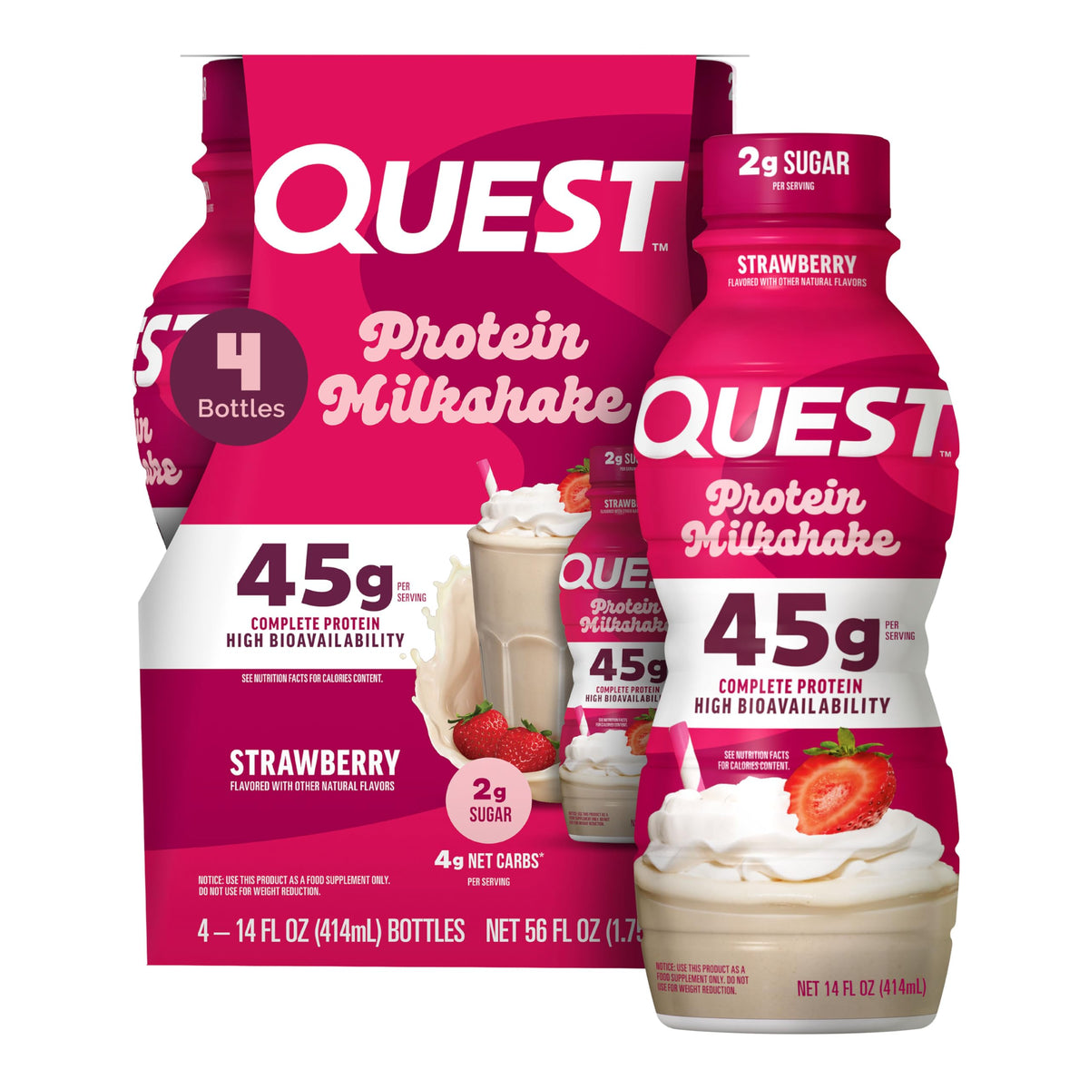 Quest Nutrition Strawberry Protein Shake, 45g Protein, 2g Sugar, 12 Count