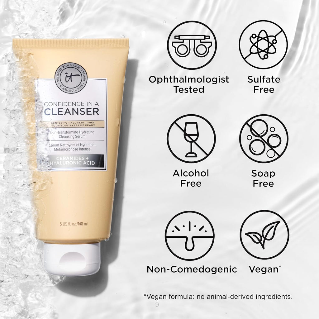 IT Cosmetics Confidence in a Cleanser - Hydrating Face Wash, Serum to Foam, Hyaluronic Acid & Ceramides, Gentle Makeup Remover, Skin Barrier Support, Non-Stripping, Sulfate-Free, For All Skin Types