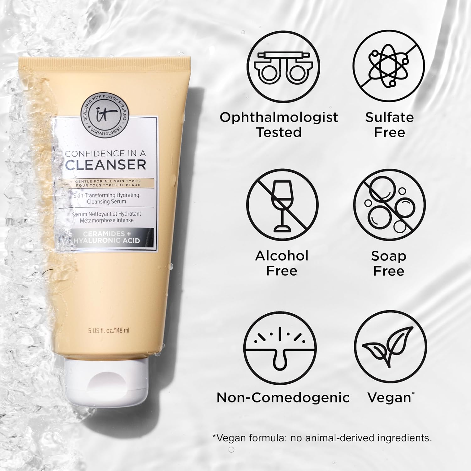 IT Cosmetics Confidence in a Cleanser - Hydrating Face Wash, Serum to Foam, Hyaluronic Acid & Ceramides, Gentle Makeup Remover, Skin Barrier Support, Non-Stripping, Sulfate-Free, For All Skin Types